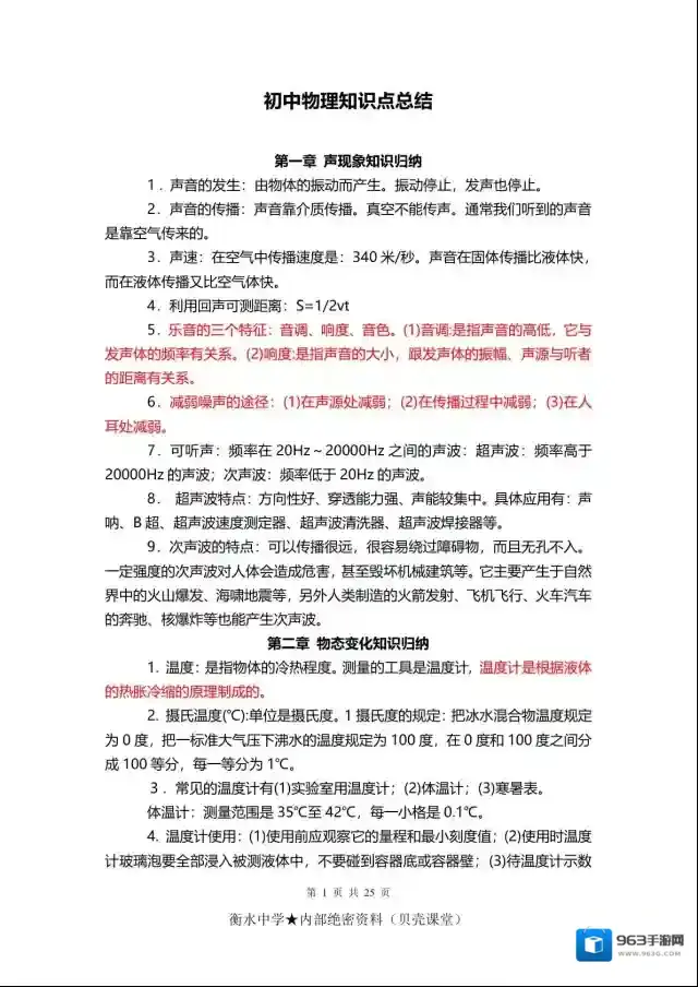 高清PDF电子版初中物理考点+公式总结（可下载打印）